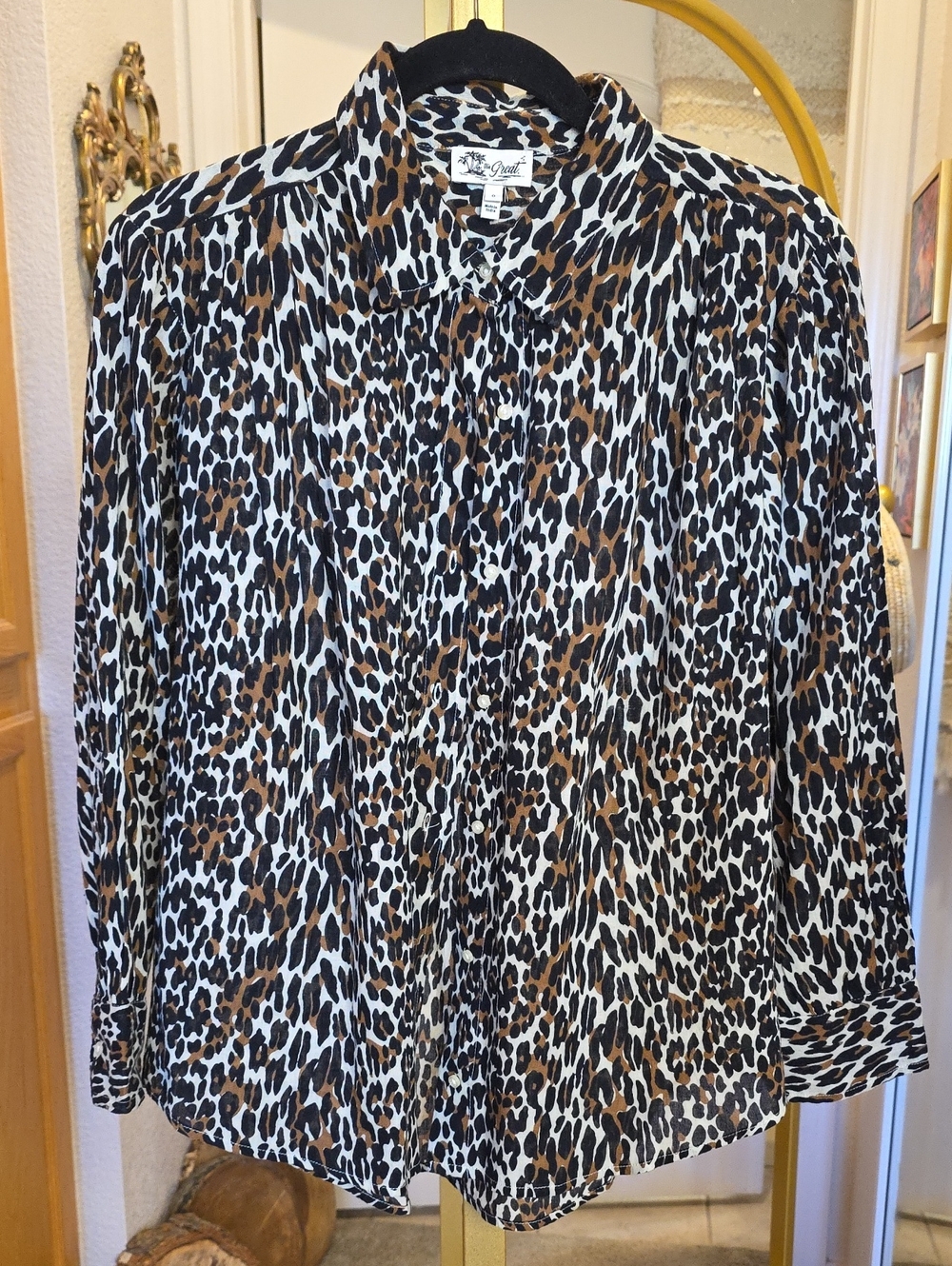 THE GREAT . Leopard Print Shirt in Black, Brown & White Relaxed Fit Pleated 0